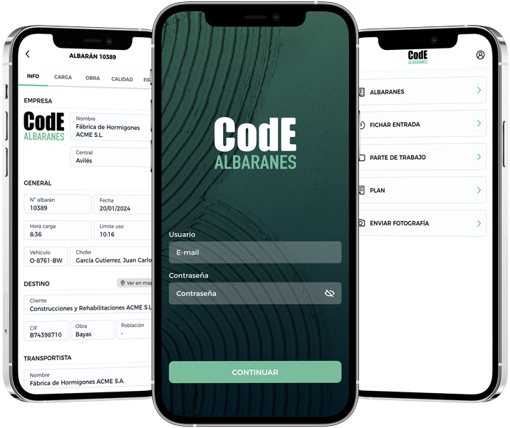 Aplicación móvil CodE Albaranes mostrada en tres dispositivos
